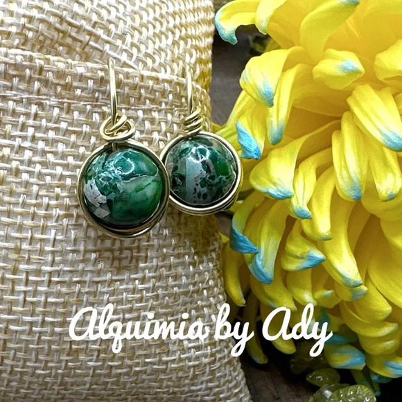 Green Turquoise and gold dangle big 10mm drops earrings/ - Picture 1 of 5